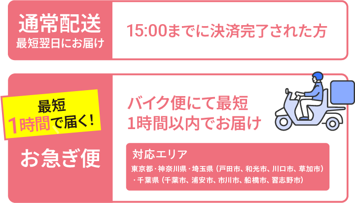 通常配送:15:00までに決済完了された方 お急ぎ便:バイク便にて最短1時間以内にお届け